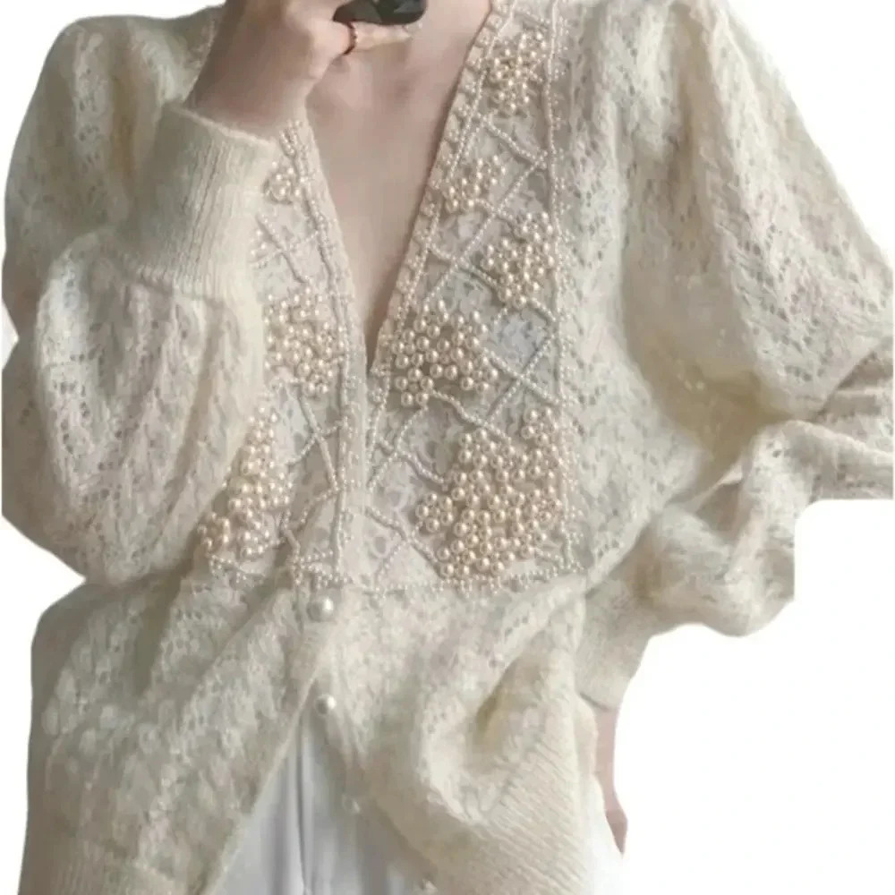 Vintage Style Pearl Encrusted Boho Cable Stitch‎ Crème Cardigan Sweater New M